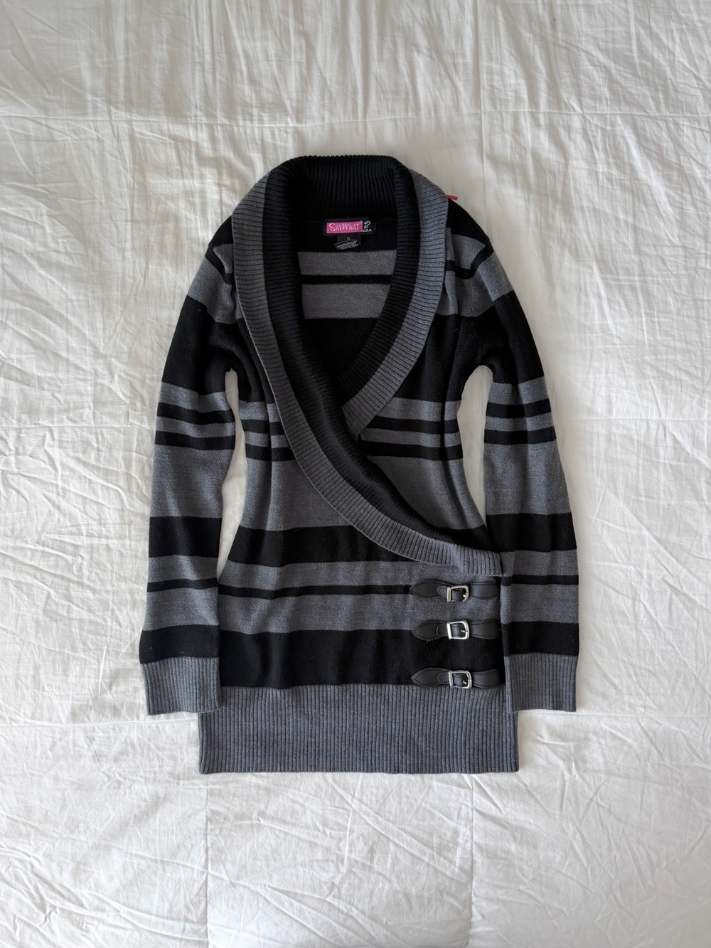 Vintage Say What? Striped Buckle Draped Collar Sweater Dress Size XL